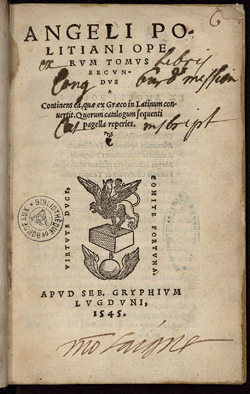 Politien ; Operum Tomus secundus, Lyon, S. Gryphe, 1545