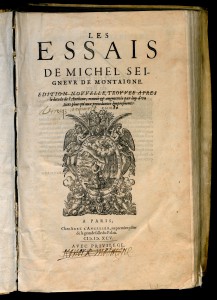 Signature de Léonor et autographe de Marie de Gournay sur la page de titre des Essais, Paris, Abel L'Angelier, 1595 (c) Plantin-Moretus Museum / Prentenkabinet